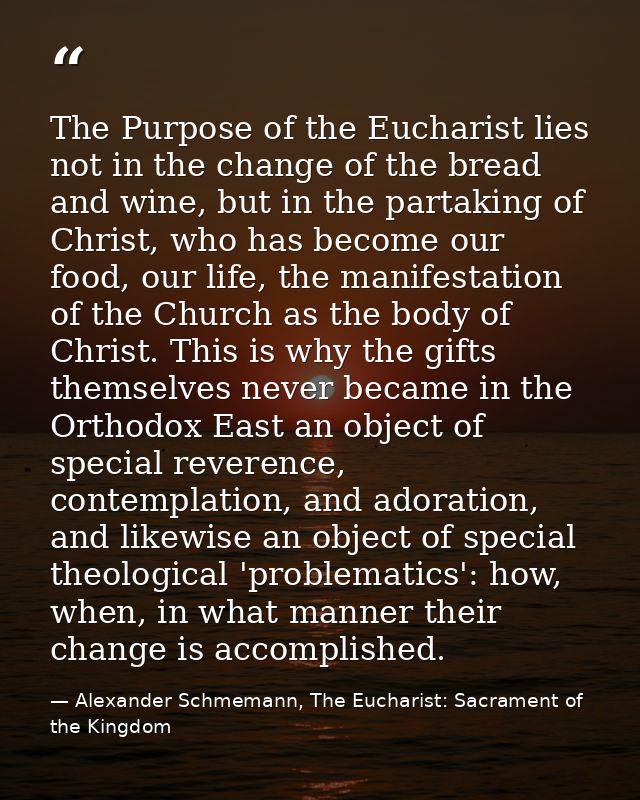 The Purpose of the Eucharist lies not in the change of the bread and wine, but in the partaking of Christ, who has becom — Alexander Schmemann, The Eucharist: Sacrament of the Kingdom