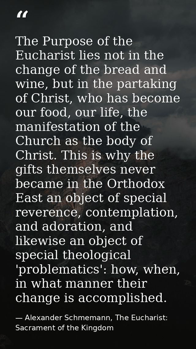The Purpose of the Eucharist lies not in the change of the bread and wine, but in the partaking of Christ, who has becom — Alexander Schmemann, The Eucharist: Sacrament of the Kingdom