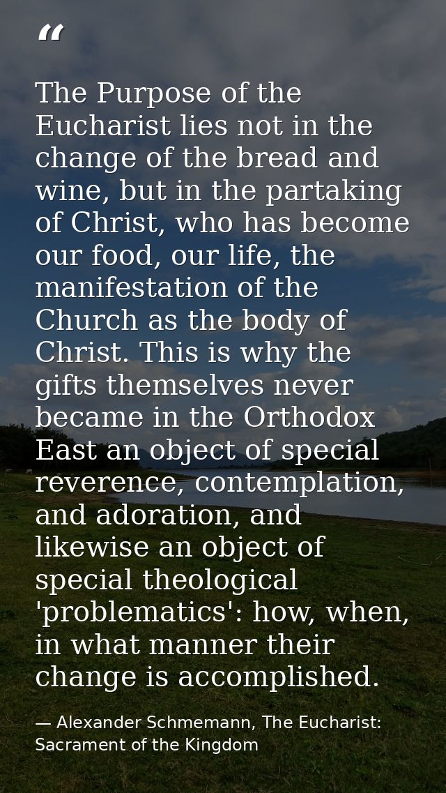 The Purpose of the Eucharist lies not in the change of the bread and wine, but in the partaking of Christ, who has becom — Alexander Schmemann, The Eucharist: Sacrament of the Kingdom