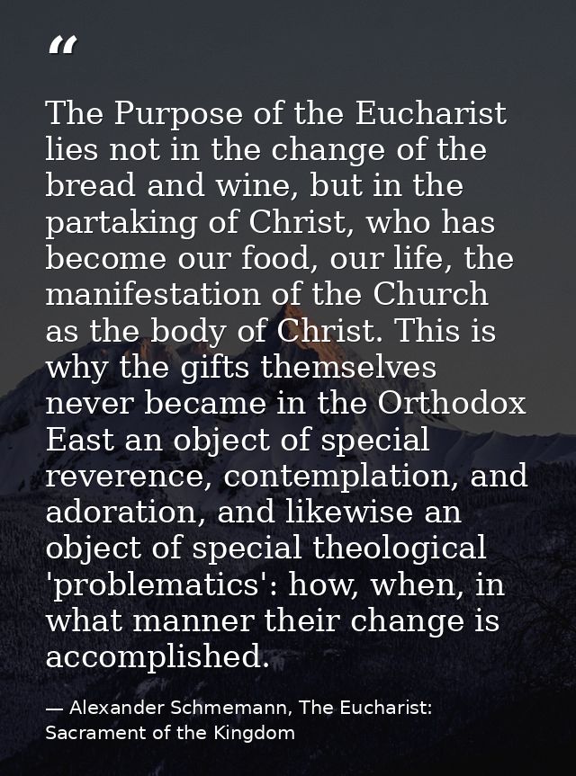 The Purpose of the Eucharist lies not in the change of the bread and wine, but in the partaking of Christ, who has becom — Alexander Schmemann, The Eucharist: Sacrament of the Kingdom
