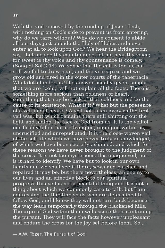 With the veil removed by the rending of Jesus' flesh, with nothing on God's side to prevent us from entering, why do we  — A.W. Tozer, The Pursuit of God
