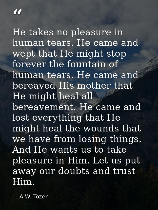 He takes no pleasure in human tears. He came and wept that He might stop forever the fountain of human tears. He came an — A.W. Tozer