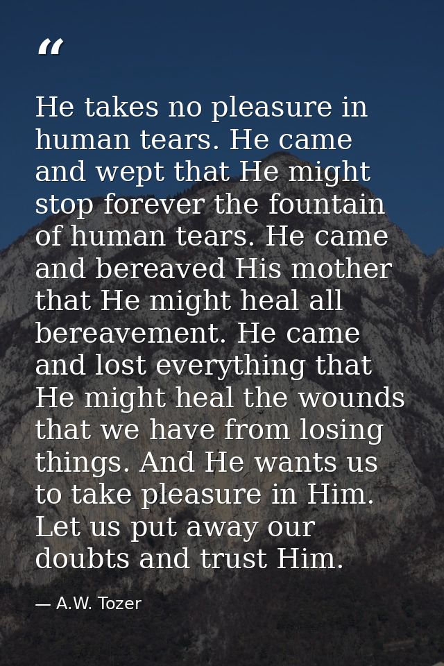 He takes no pleasure in human tears. He came and wept that He might stop forever the fountain of human tears. He came an — A.W. Tozer