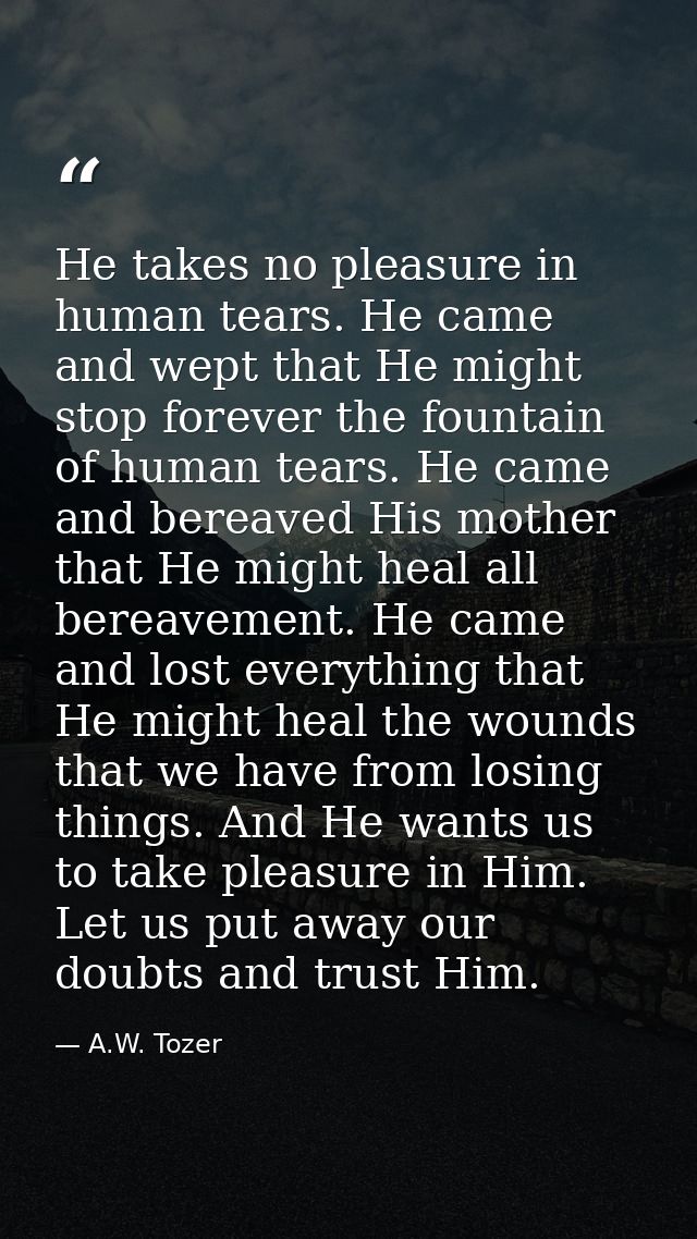 He takes no pleasure in human tears. He came and wept that He might stop forever the fountain of human tears. He came an — A.W. Tozer
