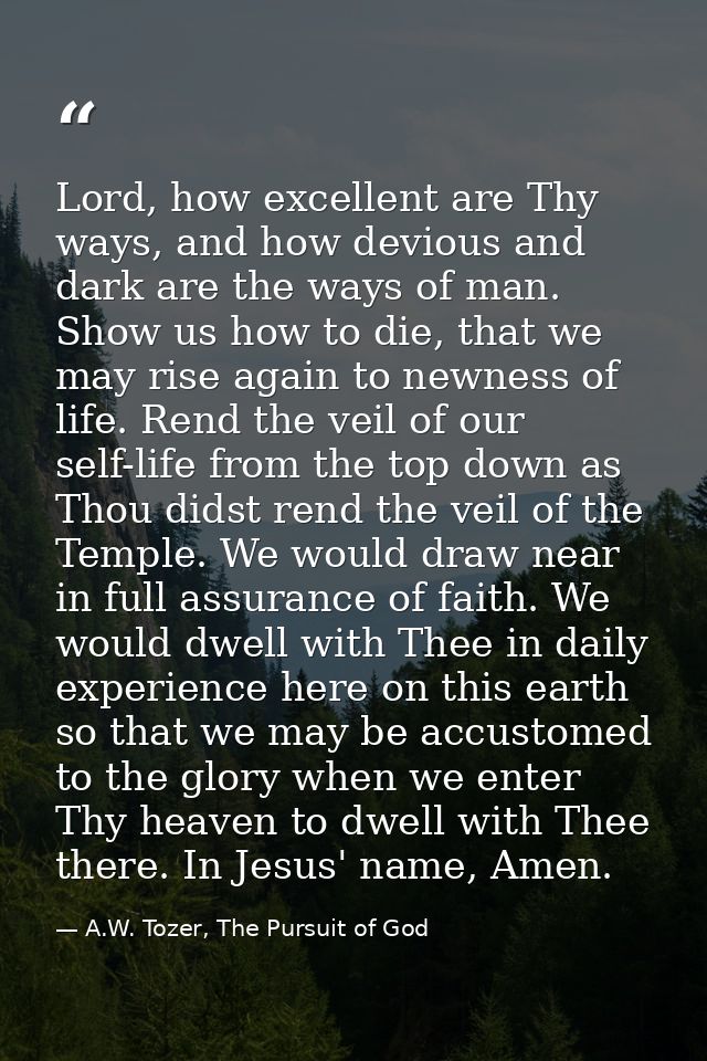 Lord, how excellent are Thy ways, and how devious and dark are the ways of man. Show us how to die, that we may rise aga — A.W. Tozer, The Pursuit of God