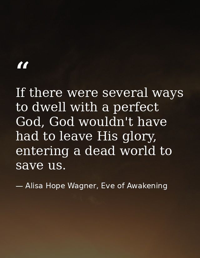 If there were several ways to dwell with a perfect God, God wouldn't have had to leave His glory, entering a dead world  — Alisa Hope Wagner, Eve of Awakening