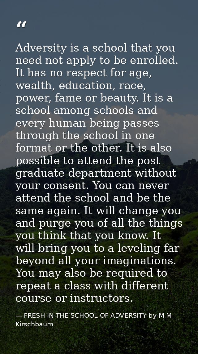 Adversity is a school that you need not apply to be enrolled. It has no respect for age, wealth, education, race, power, — FRESH IN THE SCHOOL OF ADVERSITY by M M Kirschbaum