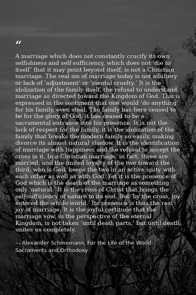 A marriage which does not constantly crucify its own selfishness and self-sufficiency, which does not ‘die to itself’ th — Alexander Schmemann, For the Life of the World: Sacraments and Orthodoxy