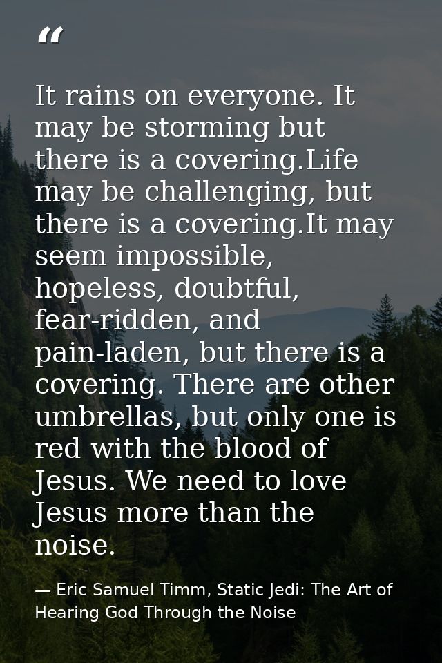 It rains on everyone. It may be storming but there is a covering.Life may be challenging, but there is a covering.It may — Eric Samuel Timm, Static Jedi: The Art of Hearing God Through the Noise