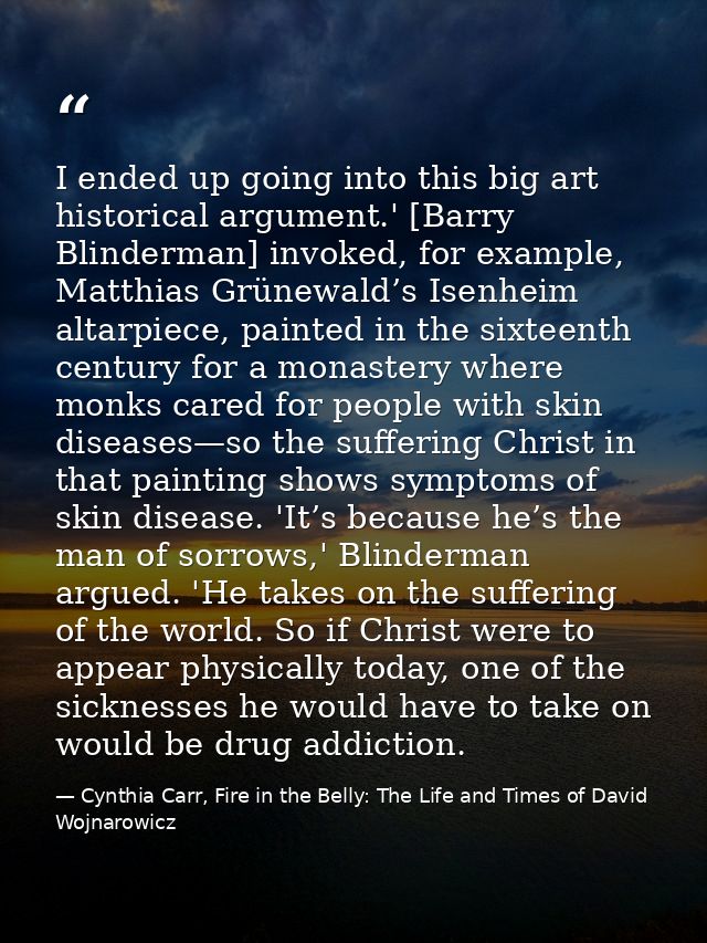 I ended up going into this big art historical argument.' [Barry Blinderman] invoked, for example, Matthias Grünewald’s I — Cynthia Carr, Fire in the Belly: The Life and Times of David Wojnarowicz