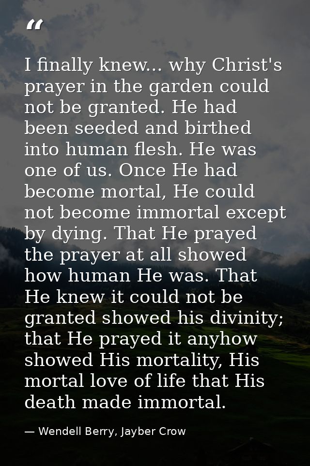 I finally knew... why Christ's prayer in the garden could not be granted. He had been seeded and birthed into human fles — Wendell Berry, Jayber Crow