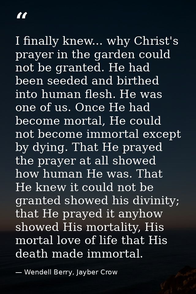 I finally knew... why Christ's prayer in the garden could not be granted. He had been seeded and birthed into human fles — Wendell Berry, Jayber Crow