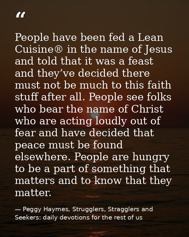 People have been fed a Lean Cuisine® in the name of Jesus and told that it was a feast and they’ve decided there must no — Peggy Haymes, Strugglers, Stragglers and Seekers: daily devotions for the rest of us