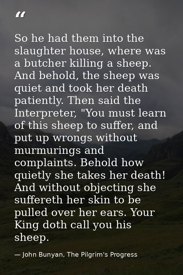 So he had them into the slaughter house, where was a butcher killing a sheep. And behold, the sheep was quiet and took h — John Bunyan, The Pilgrim's Progress