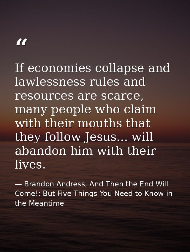 If economies collapse and lawlessness rules and resources are scarce, many people who claim with their mouths that they  — Brandon Andress, And Then the End Will Come!: But Five Things You Need to Know in the Meantime