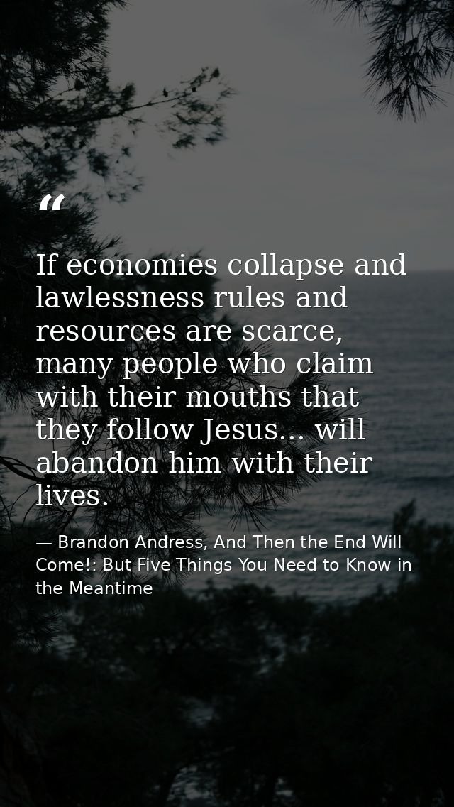 If economies collapse and lawlessness rules and resources are scarce, many people who claim with their mouths that they  — Brandon Andress, And Then the End Will Come!: But Five Things You Need to Know in the Meantime