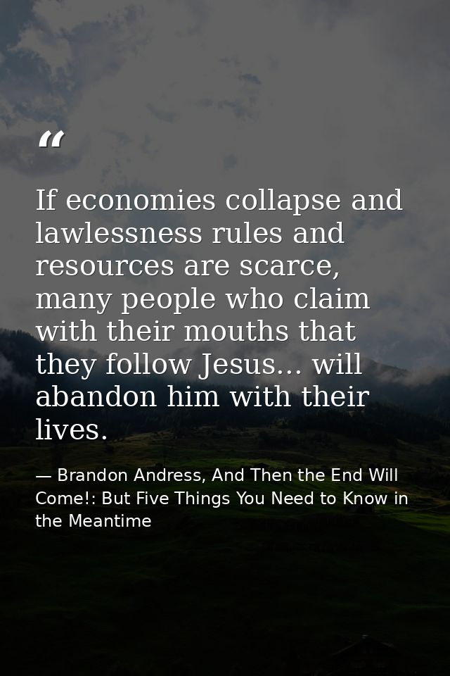 If economies collapse and lawlessness rules and resources are scarce, many people who claim with their mouths that they  — Brandon Andress, And Then the End Will Come!: But Five Things You Need to Know in the Meantime