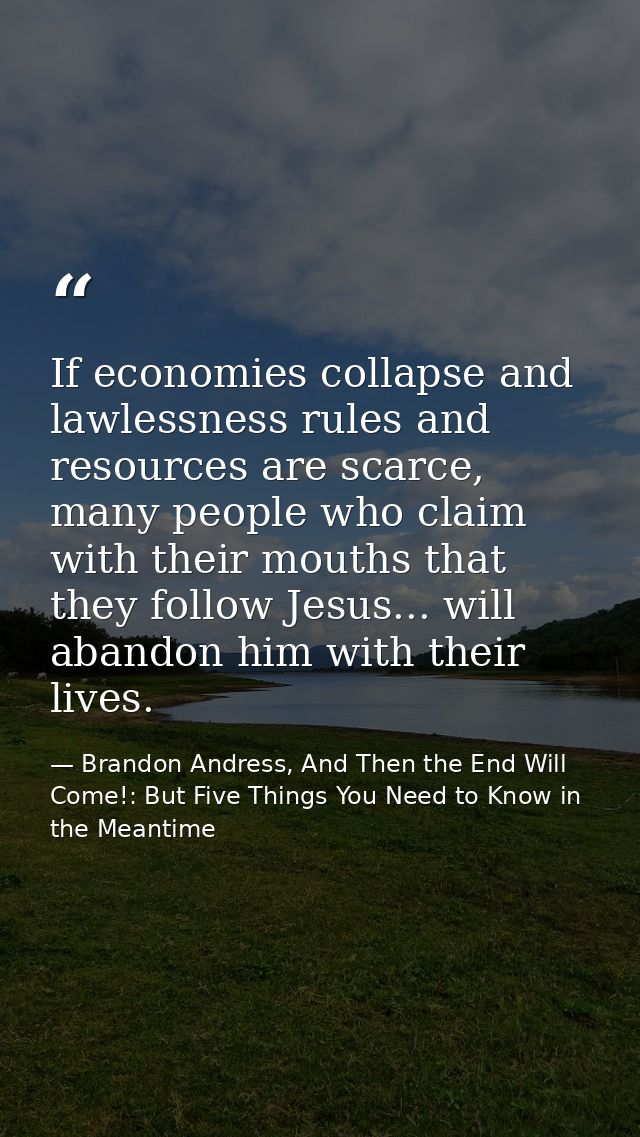 If economies collapse and lawlessness rules and resources are scarce, many people who claim with their mouths that they  — Brandon Andress, And Then the End Will Come!: But Five Things You Need to Know in the Meantime