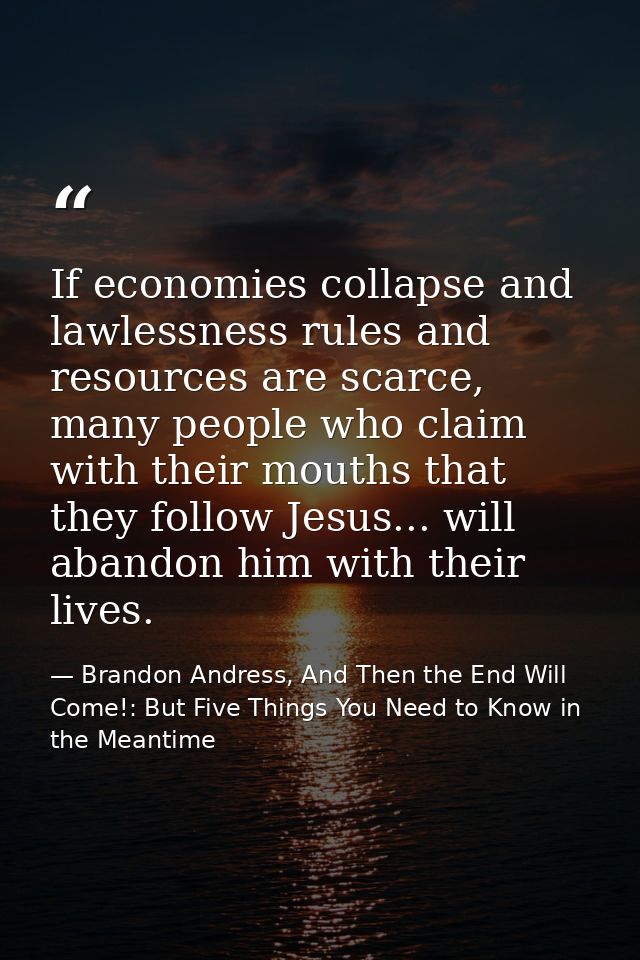 If economies collapse and lawlessness rules and resources are scarce, many people who claim with their mouths that they  — Brandon Andress, And Then the End Will Come!: But Five Things You Need to Know in the Meantime