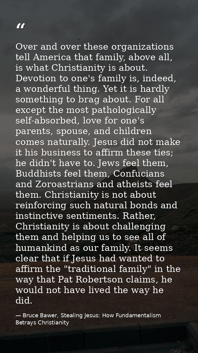 Over and over these organizations tell America that family, above all, is what Christianity is about. Devotion to one's  — Bruce Bawer, Stealing Jesus: How Fundamentalism Betrays Christianity