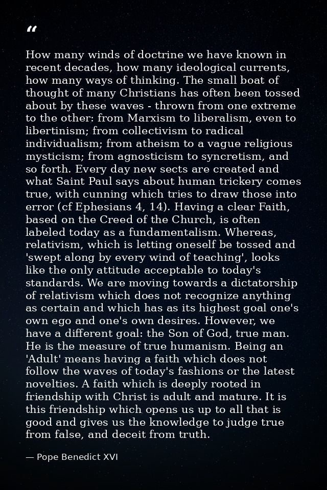 How many winds of doctrine we have known in recent decades, how many ideological currents, how many ways of thinking. Th — Pope Benedict XVI
