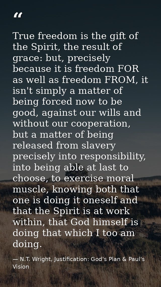 True freedom is the gift of the Spirit, the result of grace: but, precisely because it is freedom FOR as well as freedom — N.T. Wright, Justification: God's Plan & Paul's Vision