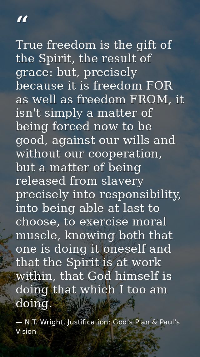 True freedom is the gift of the Spirit, the result of grace: but, precisely because it is freedom FOR as well as freedom — N.T. Wright, Justification: God's Plan & Paul's Vision