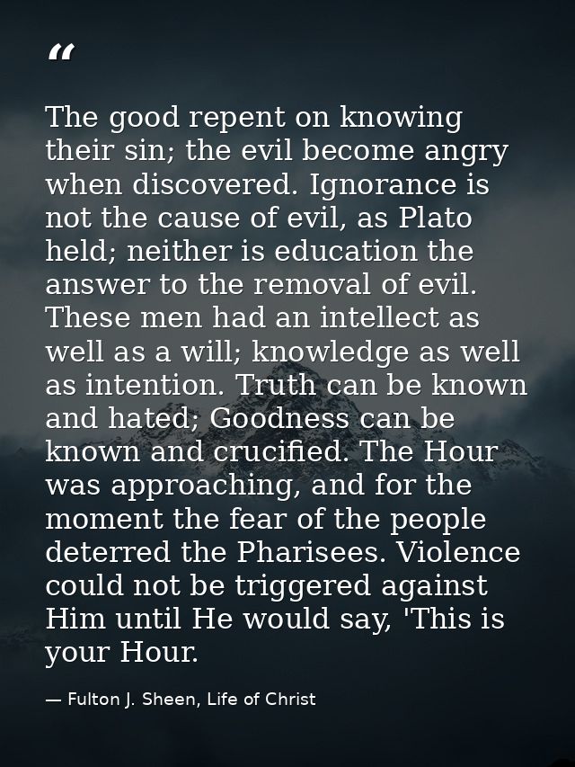 The good repent on knowing their sin; the evil become angry when discovered. Ignorance is not the cause of evil, as Plat — Fulton J. Sheen, Life of Christ