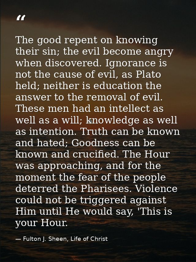 The good repent on knowing their sin; the evil become angry when discovered. Ignorance is not the cause of evil, as Plat — Fulton J. Sheen, Life of Christ