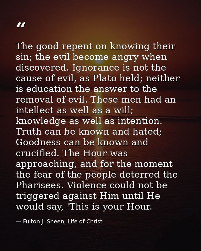 The good repent on knowing their sin; the evil become angry when discovered. Ignorance is not the cause of evil, as Plat — Fulton J. Sheen, Life of Christ