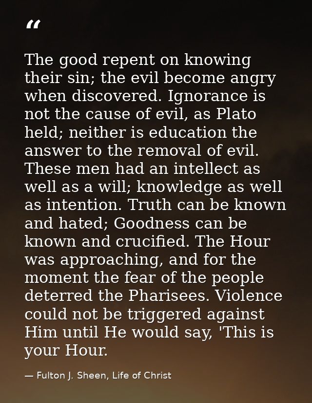 The good repent on knowing their sin; the evil become angry when discovered. Ignorance is not the cause of evil, as Plat — Fulton J. Sheen, Life of Christ