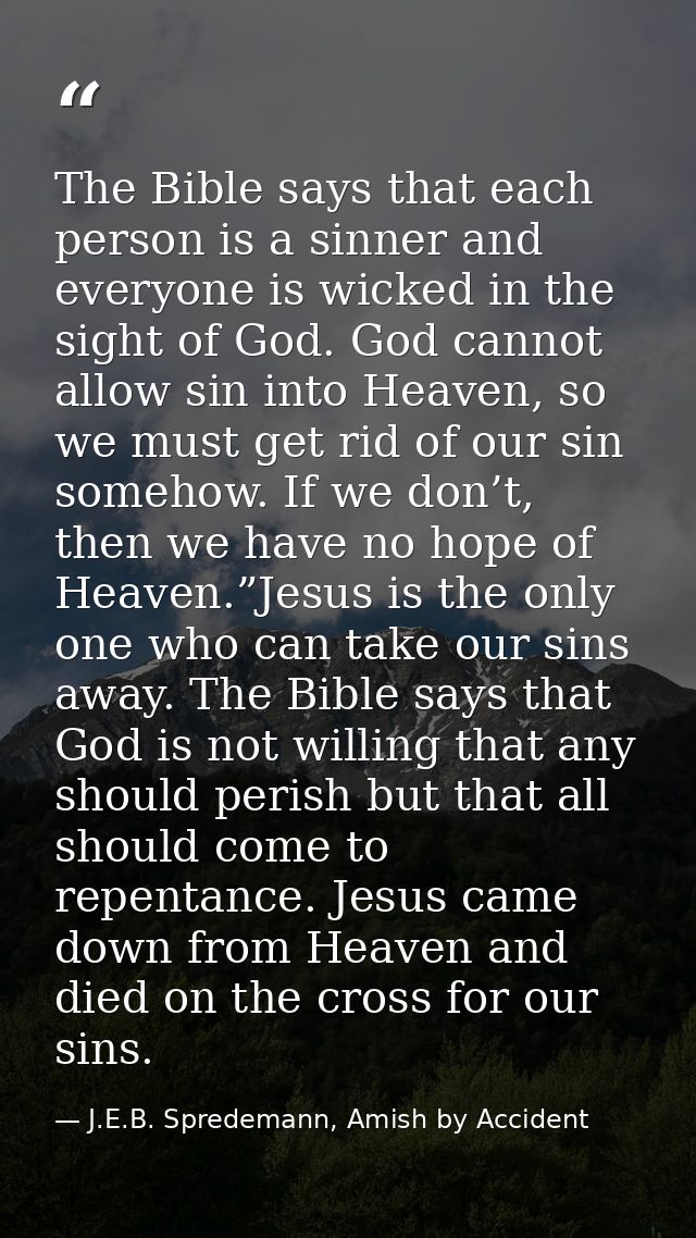 The Bible says that each person is a sinner and everyone is wicked in the sight of God. God cannot allow sin into Heaven — J.E.B. Spredemann, Amish by Accident