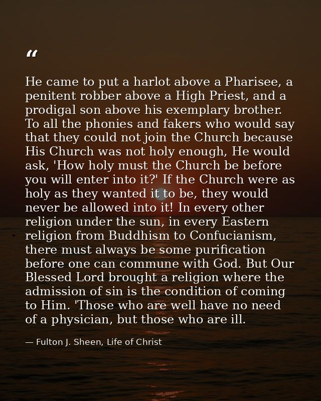 He came to put a harlot above a Pharisee, a penitent robber above a High Priest, and a prodigal son above his exemplary  — Fulton J. Sheen, Life of Christ