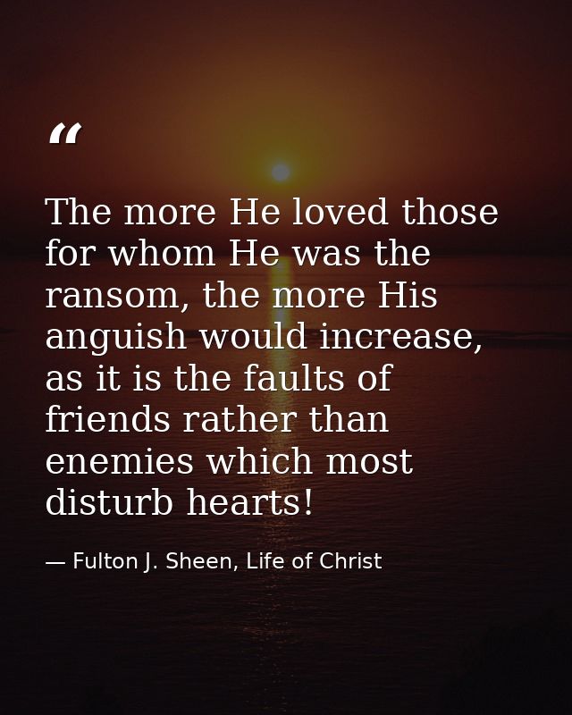 The more He loved those for whom He was the ransom, the more His anguish would increase, as it is the faults of friends  — Fulton J. Sheen, Life of Christ