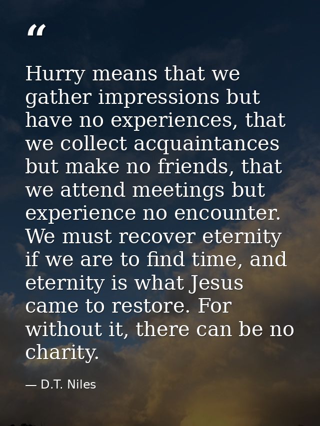 Hurry means that we gather impressions but have no experiences, that we collect acquaintances but make no friends, that  — D.T. Niles