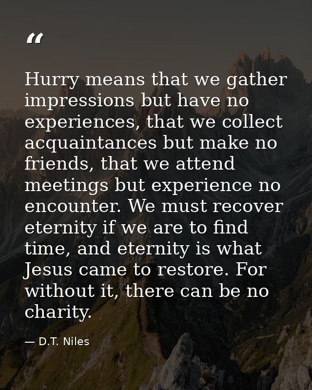 Hurry means that we gather impressions but have no experiences, that we collect acquaintances but make no friends, that  — D.T. Niles