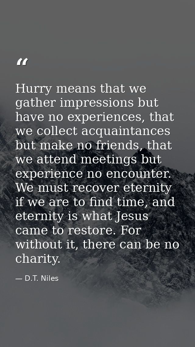 Hurry means that we gather impressions but have no experiences, that we collect acquaintances but make no friends, that  — D.T. Niles
