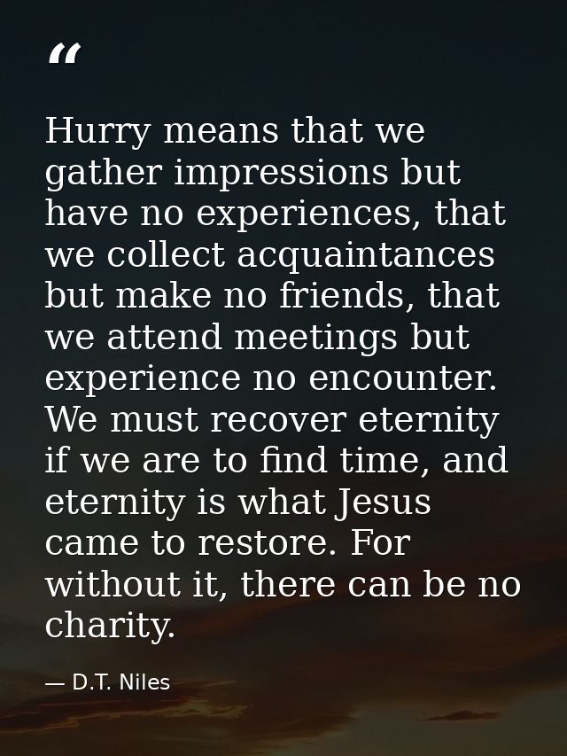 Hurry means that we gather impressions but have no experiences, that we collect acquaintances but make no friends, that  — D.T. Niles