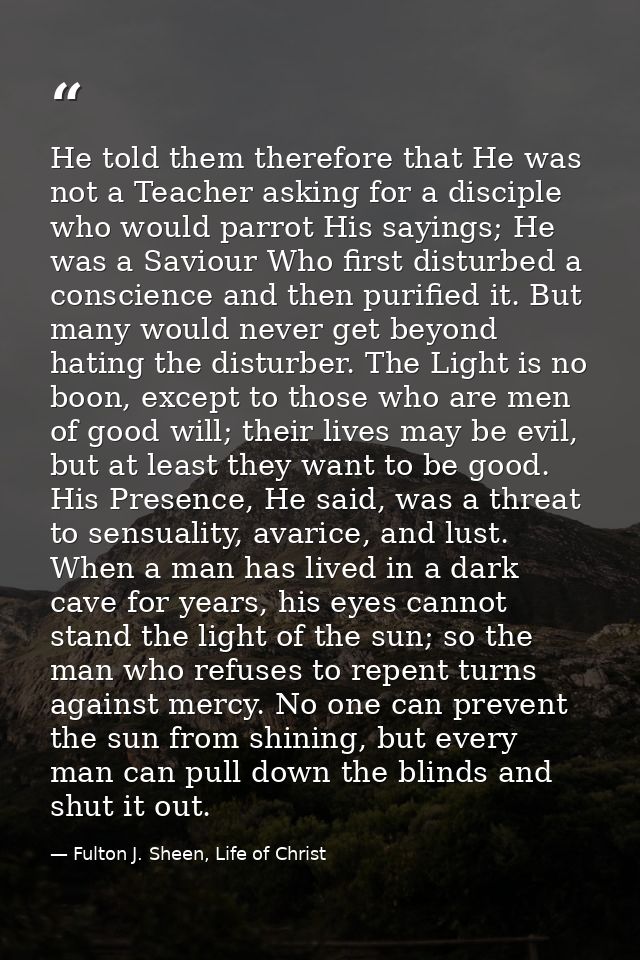 He told them therefore that He was not a Teacher asking for a disciple who would parrot His sayings; He was a Saviour Wh — Fulton J. Sheen, Life of Christ