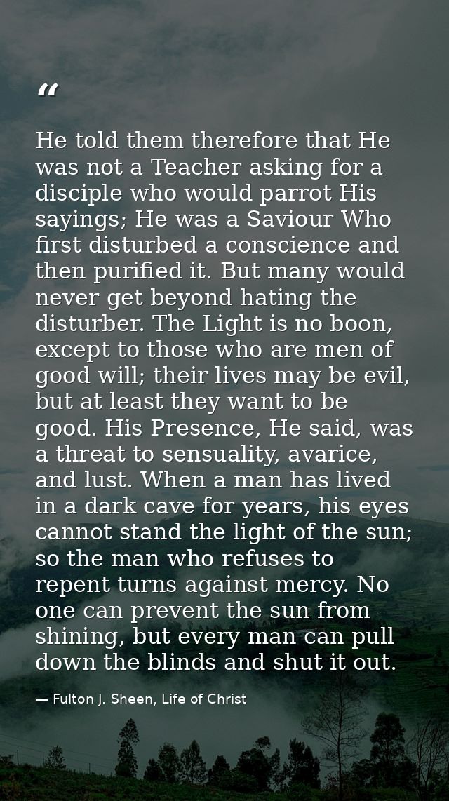 He told them therefore that He was not a Teacher asking for a disciple who would parrot His sayings; He was a Saviour Wh — Fulton J. Sheen, Life of Christ