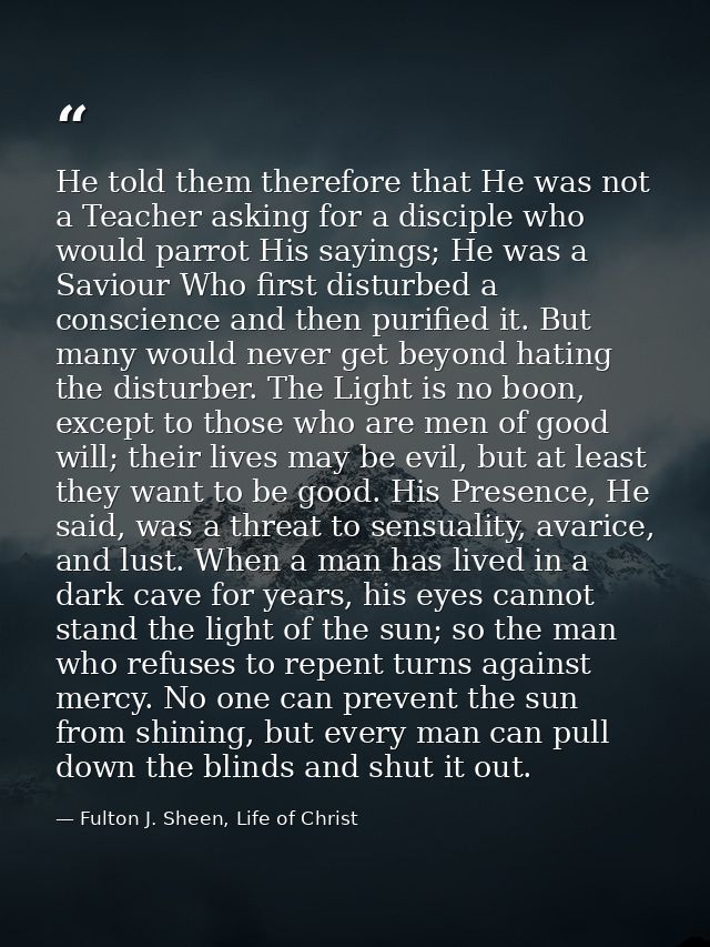 He told them therefore that He was not a Teacher asking for a disciple who would parrot His sayings; He was a Saviour Wh — Fulton J. Sheen, Life of Christ