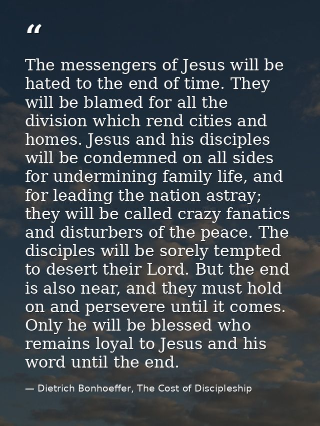 The messengers of Jesus will be hated to the end of time. They will be blamed for all the division which rend cities and — Dietrich Bonhoeffer, The Cost of Discipleship
