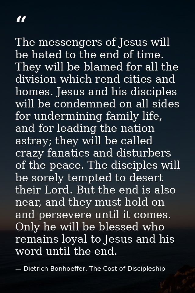 The messengers of Jesus will be hated to the end of time. They will be blamed for all the division which rend cities and — Dietrich Bonhoeffer, The Cost of Discipleship