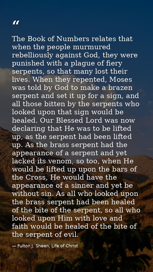 The Book of Numbers relates that when the people murmured rebelliously against God, they were punished with a plague of  — Fulton J. Sheen, Life of Christ