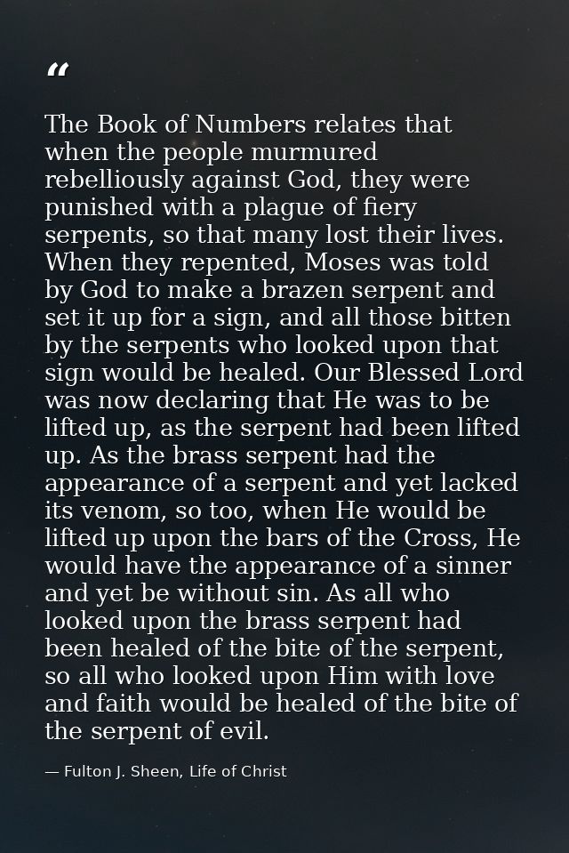 The Book of Numbers relates that when the people murmured rebelliously against God, they were punished with a plague of  — Fulton J. Sheen, Life of Christ