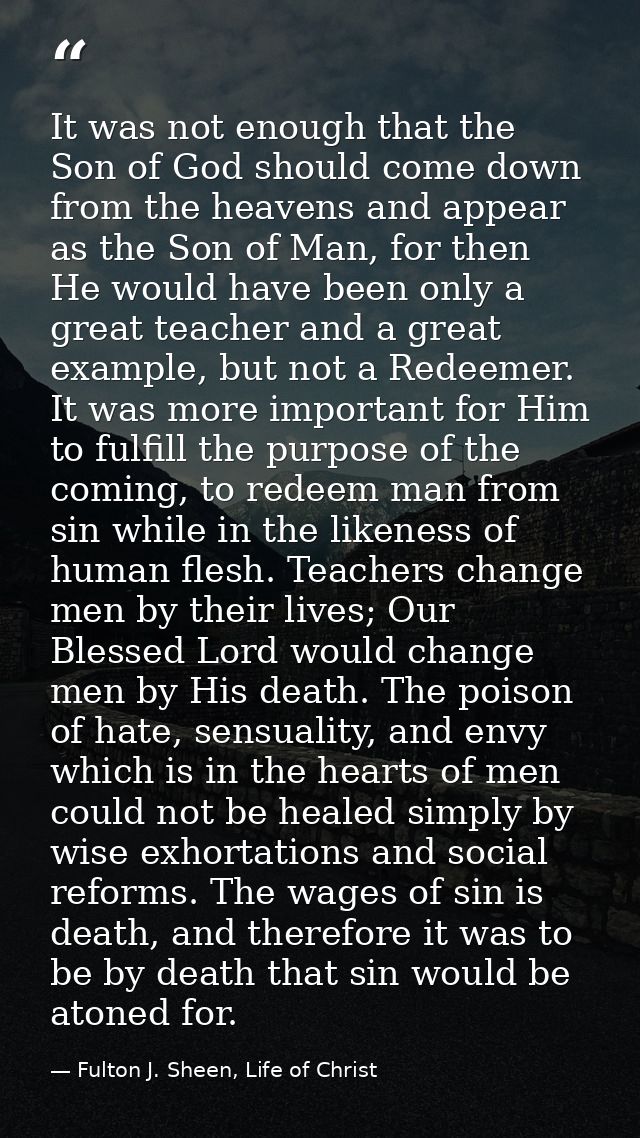 It was not enough that the Son of God should come down from the heavens and appear as the Son of Man, for then He would  — Fulton J. Sheen, Life of Christ