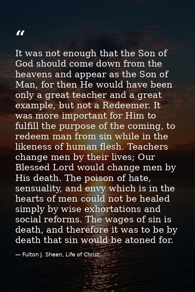 It was not enough that the Son of God should come down from the heavens and appear as the Son of Man, for then He would  — Fulton J. Sheen, Life of Christ