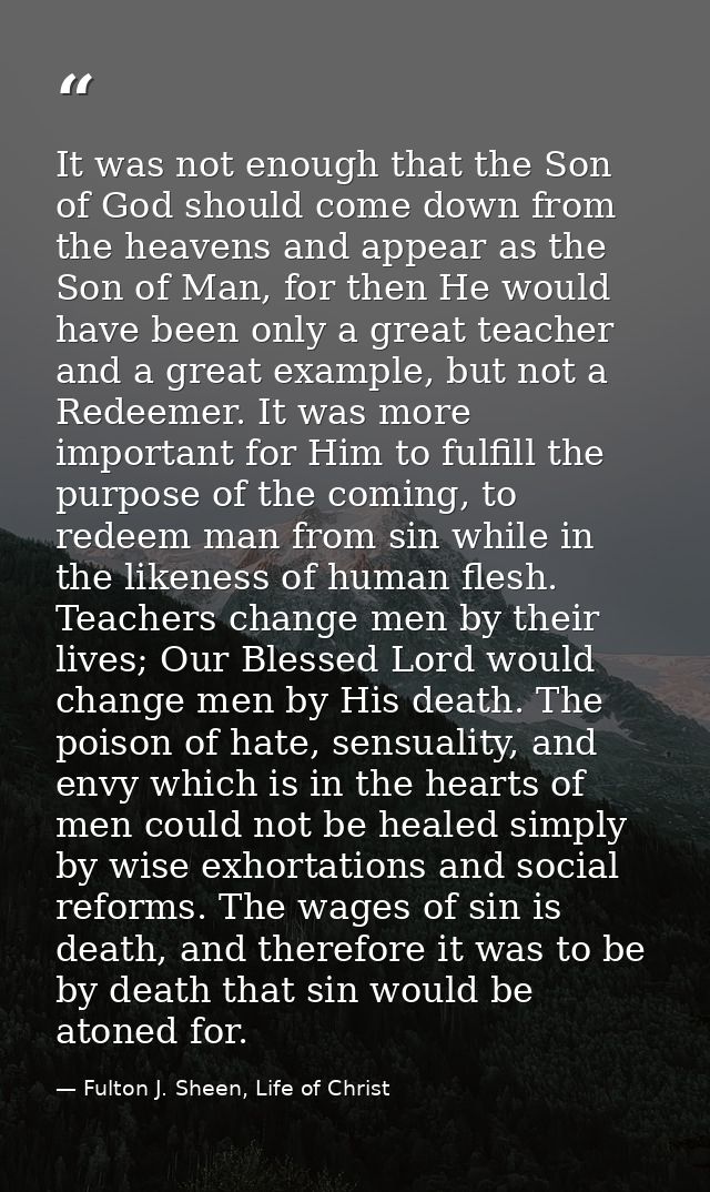 It was not enough that the Son of God should come down from the heavens and appear as the Son of Man, for then He would  — Fulton J. Sheen, Life of Christ