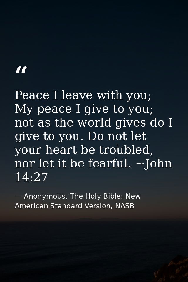 Peace I leave with you; My peace I give to you; not as the world gives do I give to you. Do not let your heart be troubl — Anonymous, The Holy Bible: New American Standard Version, NASB