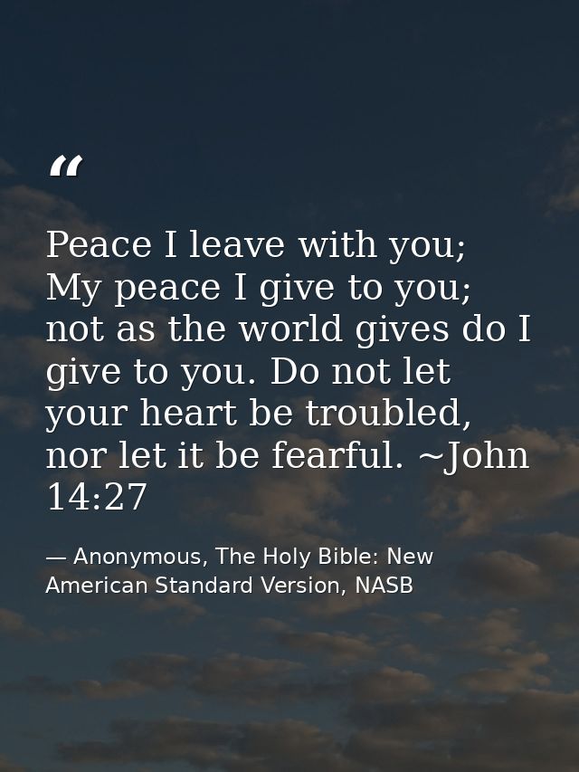 Peace I leave with you; My peace I give to you; not as the world gives do I give to you. Do not let your heart be troubl — Anonymous, The Holy Bible: New American Standard Version, NASB